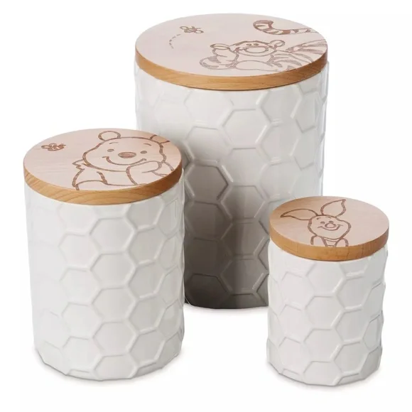 Disney Parks WINNIE THE POOH White Ceramic Honeycomb Canister Cookie Jar Set NEW - Picture 2 of 3